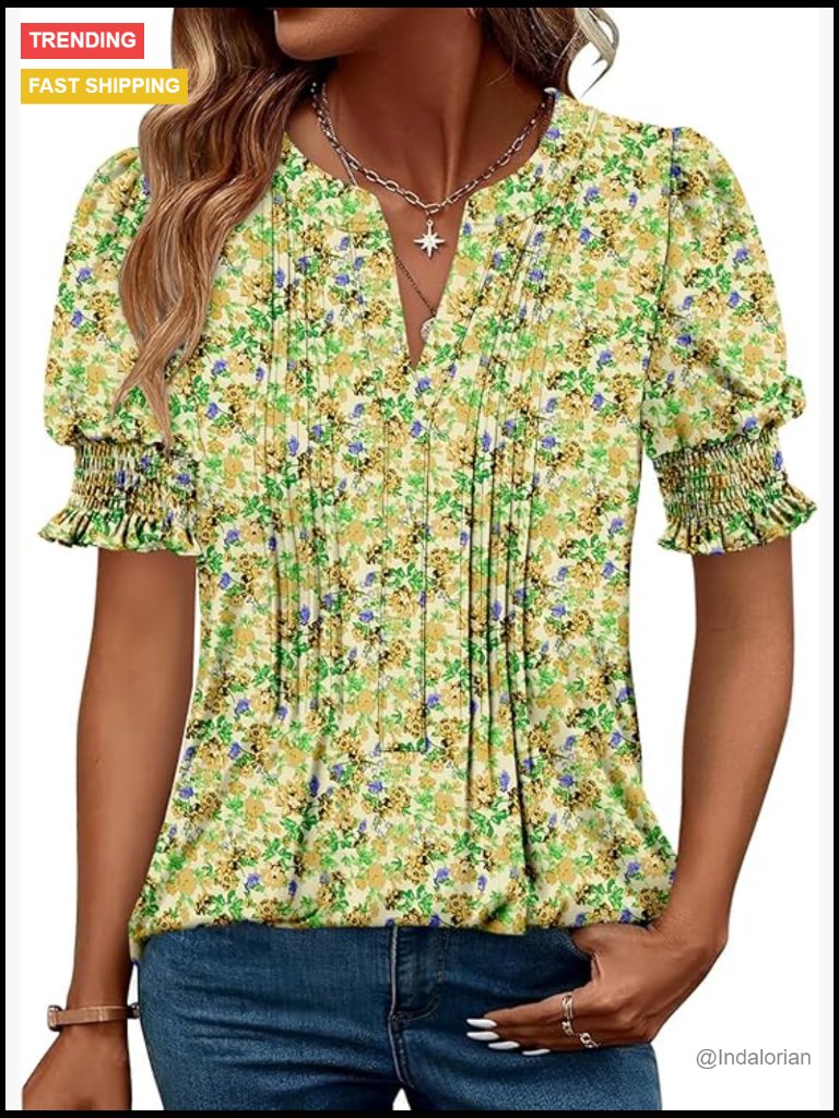 Puff Sleeve Pleated Blouse Loose Fit Summer Casual Top